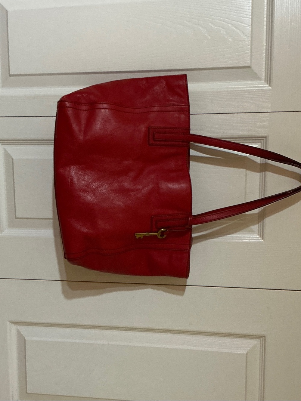 Fossil Red Leather Tote with Key Charm